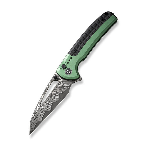 Civivi Sentinel Strike Flipper and Button Lock (C22025B-DS1) 3.7" Damascus Reverse Tanto Plain Blade, Green Aluminum Handle with Black FRN Integral Spacer