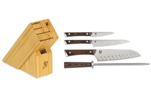 Shun Cutlery Kanso 5PC Block Set (SWTS0510) - High Carbon AUS10A Blades, Contoured Tagayasan Wood Handles