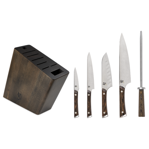 Sur La Table Kitchen Essentials 5 Piece German Steel Blade w/Triple Riveted Handle Set on Beechwood Magnetic Block - Black