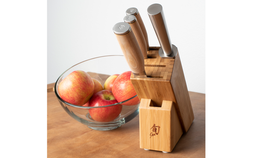 Shun Cutlery Premier Blonde 5PC Block Set (TDMS0540W) - VG-Max Damascus Blades, Contoured Blonde Pakkawood Wood Handles, Bamboo Block