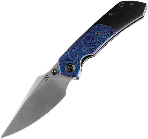 Kansept Fenrir (K1034A7) 3.48" CPM-S35VN Satin Drop Point Plain Blade, Blackwashed Titanium Handle w/ Blue Timascus Inlay