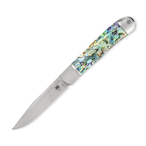 CobraTec Trapper Hidden Release Automatic (CTTHRABA154CM) 3.125" 154CM Satin Drop Point Plain Blade, Iridescent Abalone Handle w/ Silver Bolsters