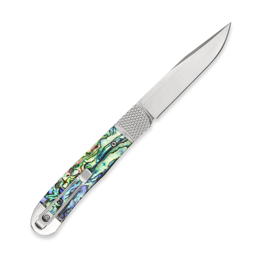 CobraTec Trapper Hidden Release Automatic (CTTHRABA154CM) 3.125" 154CM Satin Drop Point Plain Blade, Iridescent Abalone Handle w/ Silver Bolsters