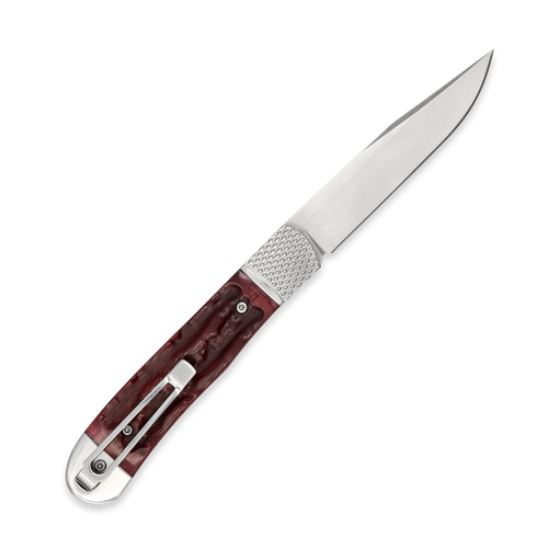 CobraTec Trapper Hidden Release Automatic (CTTHRRED) 3.125" D2 Satin Drop Point Plain Blade, Red Bone Handle w/ Steel Bolster