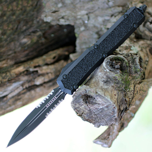 Microtech Makora D/E (MCT2062TS) 3.4" Premium Steel Black Dagger Serrated Blade, Black Aluminum Handle