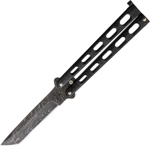 Bear & Son Armour Piercing Butterfly (BC114GXAD) 4" Damascus Tanto Plain Blade, Black Spectrum Metal Handles