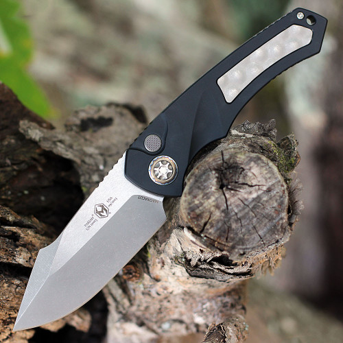 Heretic Knives Pariah Automatic (H048-5A) 3.75" MagnaCut Drop Point Stonewash Plain Blade, Black Battleworn Aluminum Handle with Grey Bubble Stainless Inlays