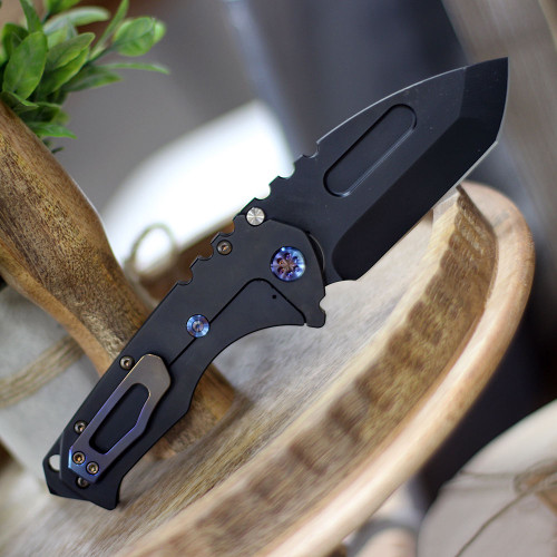 Medford Praetorian T (MK012SPT-30PV-TPCP-BP) 3.75" CPM-S45VN Black PVD Coated Tanto Plain Blade, Black PVD Coated Titanium Handles, Flamed Harware, Flamed Clip, Waterproof Case