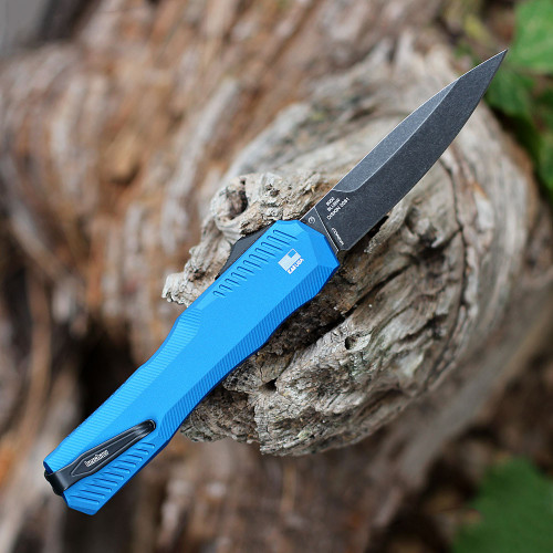 Kershaw Livewire OTF (9000BLUBW) 3.3" CPM-MagnaCut Blackwashed Spear Point Plain Edge, Blue 6061-T6 Aluminum Handle