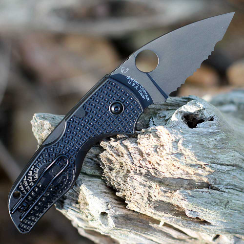 2.43 inch CTS-BD1N black DLC serrated blade on a Black Spyderco Lil’ Native LW.