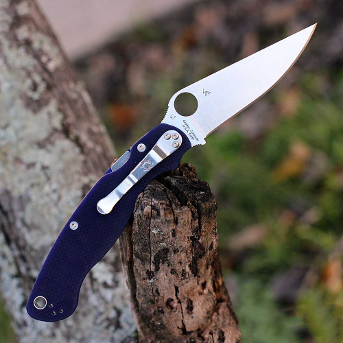 Spyderco Military 2 C36GPDBL2 dark blue G-10 handle open view showing CPM S110V satin blade and compression lock