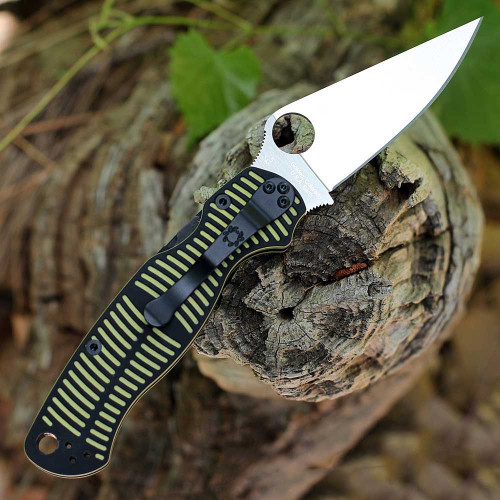 Spyderco Para Military 2 Salt (C81GBKYLMCP2) - 3.45" Satin CPM-MagnaCut Plain Blade, Yellow/Black Caribbean Bi-Directional Texture G-10 Handle