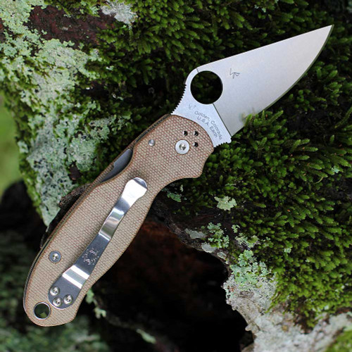 Spyderco Para Military 3 (C223MPCW) - 2.92in Sanded Smooth CPM Cru-Wear Plain Blade, Brown Canvas Micarta Handle