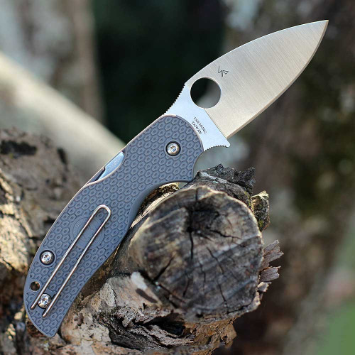Spyderco Sage 5 Lightweight C123PGY gray FRN handle open view showing Micro-Melt Maxamet satin blade