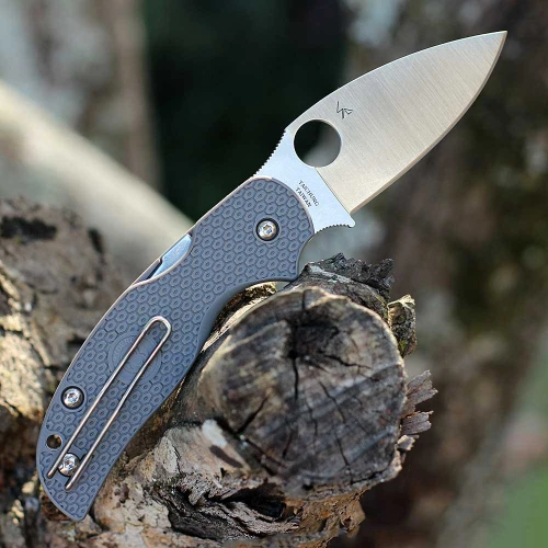 Spyderco Sage 5 Lightweight C123PGY with satin Maxamet plain edge blade and gray FRN handle, open profile view