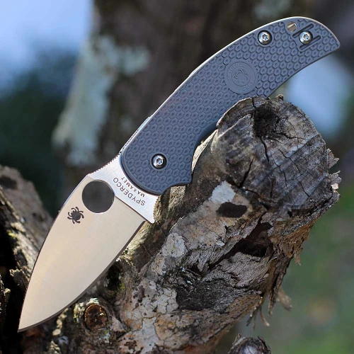 The Spyderco Sage 5 Lightweight C123PGY is shown open in profile against a white background. The satin-finished leaf-shaped blade with a Trademark Round Hole extends from a gray textured FRN handle.