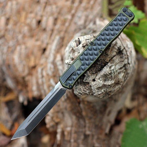 Heretic Cleric II OTF Automatic (H019-6A-ODGRN) - 4.25in Stonewash CPM-Magnacut TantoEdge Plain Blade, OD Green Anodized Aluminum/Black Stainless Steel Inlay, Black Hardware and Black Titanium Clip