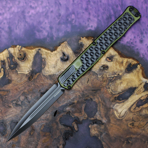 Heretic Cleric II OTF Automatic (H020-6A-ODGRN) - 4.25in Black DLC CPM-Magnacut Double Edge Plain Blade, OD Green Anodized Aluminum/Black Stainless Steel Inlay, Black Hardware and Titanium Clip