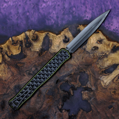 Heretic Cleric II OTF Automatic (H020-6A-ODGRN) - 4.25in Black DLC CPM-Magnacut Double Edge Plain Blade, OD Green Anodized Aluminum/Black Stainless Steel Inlay, Black Hardware and Titanium Clip