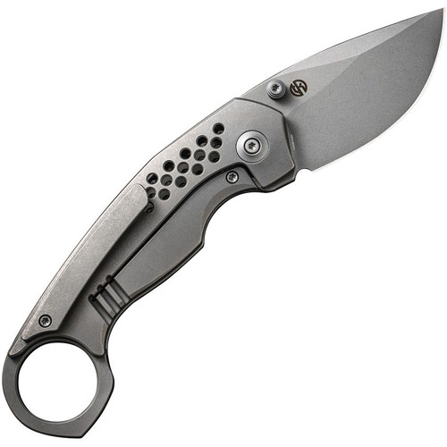 We Knife Co. Envisage (WE220131) 2.42" CPM-20CV Grey Drop Point Plain Blade, Grey Titanium Handle, Finger Ring