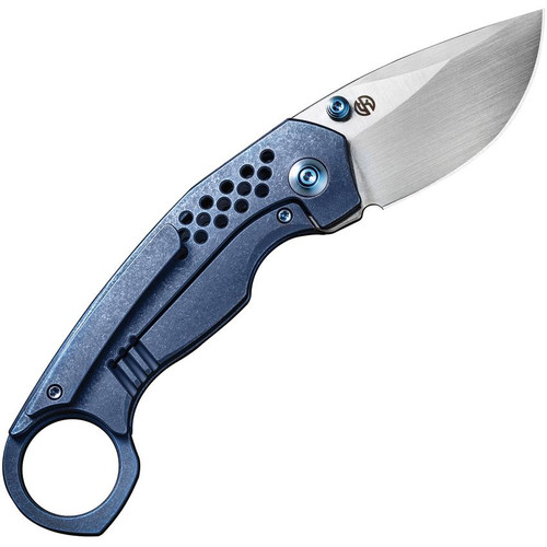 We Knife Co. Envisage (WE220134) 2.42" CPM-20CV Satin Drop Point Plain Blade, Blue Stonewash Titanium Handle, Finger Ring