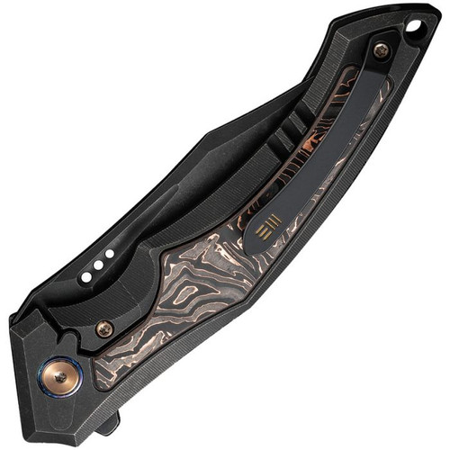 WE Knife Orpheus Foil (WE230093) 3.48" CPM-20CV Black Stonewashed Clip Point Plain Blade, Black Stonewashed-Finished Titanium Handle with Copper Foil Carbon Fiber Inlays