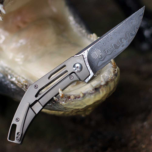 WE Knife Speedliner Flipper Knife (WE22045C-DS1) - 3.39" Hakkapella Damasteel Blade, Gray Titanium Handle