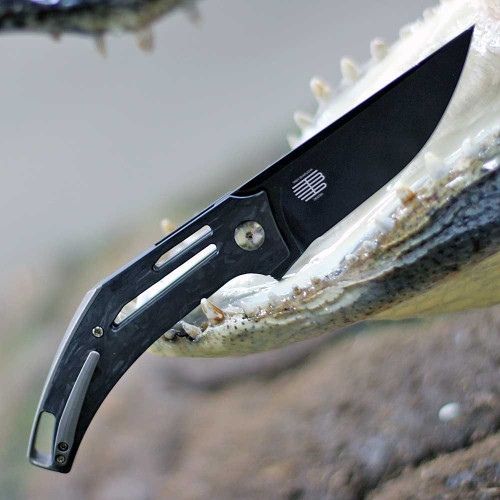 WE Knife Speedliner Flipper Knife (WE22045B-2) - 3.39" Black Stonewash CPM 20CV Blade, Shredded Carbon Fiber Handle