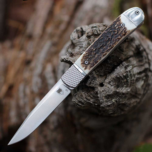CobraTec Trapper Hidden Release Automatic (CTTHRSTG) - 3.125 Satin D2 Steel Drop Point Plain Blade, Stag Handle