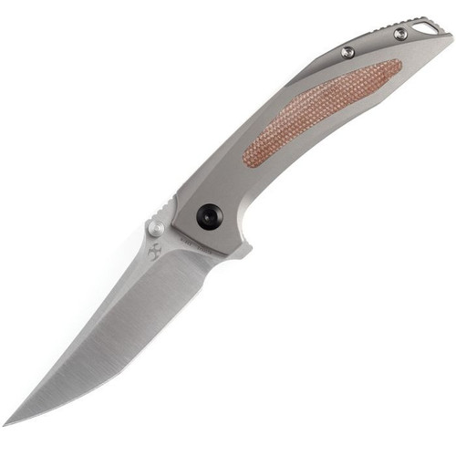 Kansept Knives Baku (K1056A2) 3.2" CPM-S35VN Satin Clip Point Plain Blade, Bead Blasted Titanium Handle with Brown Micarta Inlay