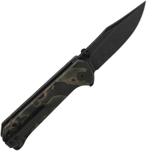 QSP Grebe Button Lock (QSP147F2) 3.25" S35VN Black Clip Point Plain Blade, Noble Raffir Camo Resin Handle