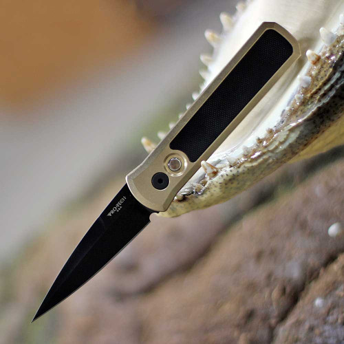 Pro-Tech Godson 2023 Automatic (PTKGS006) - 3.15" 154CM Black Spear Point Blade, AlBronze Handle with Black G-10 Inlays w/Pearl Push Button.