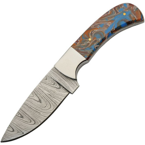 Damascus Knives Space Hunter (DM1381) 4" Damascus Drop Point Plain Blade, Blue and Brown Resin Handle with Stainless Bolsters, Brown Leather Belt Sheath
