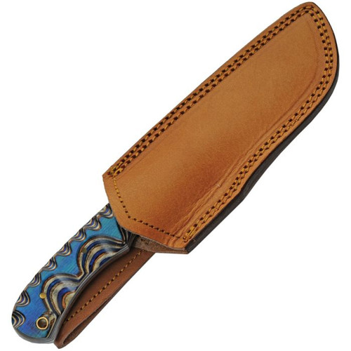 Damascus Knives Blue River Hunter (DM1334) 4.75" Damascus Drop Point Plain Blade, Blue Finger Grooved Pakkawood Handle, Brown Leather Belt Sheath