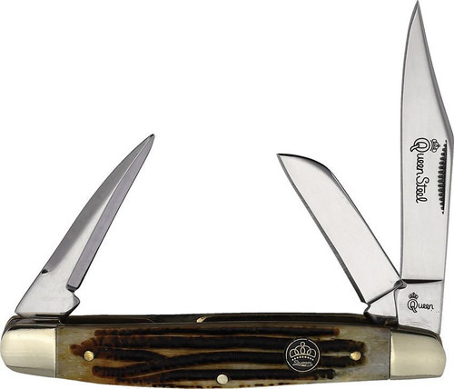 Queen Cutlery Stockman (QN37WB) - Mirror Polish 440C Stainless Steel Clip, Sheepsfoot, and Coping Blades, Brown Winterbottom Jigged Bone Handle