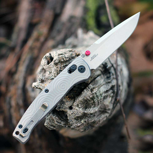 Hogue Mysto Collector Series (HO24491-LIM) 3.4" CPM Magnacut Stone Tumbled Clip Point Plain Blade, CNC Milled Titanium Handle