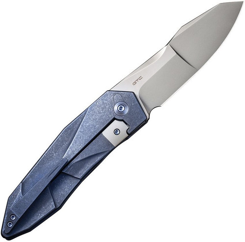WE Knives Solid (WE220284) 3.88" CPM-20CV Satin Stonewash Compound Grind Modified Spear Point Plain Blade, Blue Titanium Handle