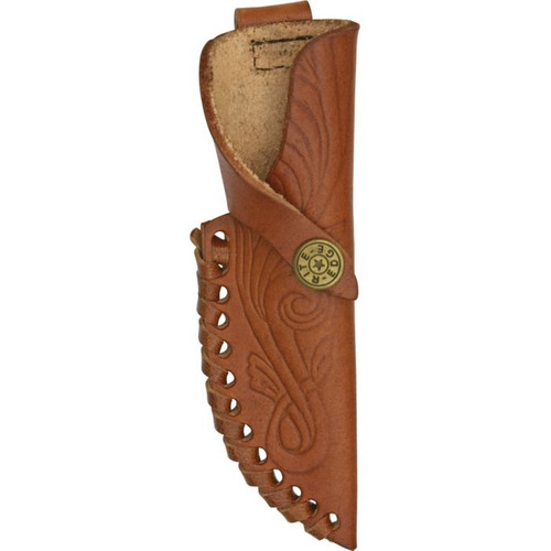 Damascus Knives Buck Spike (DM1026) 2.75" Damascus Drop Point Plain Blade, Stag Handle with Brass Guard, Brown Leather Belt Sheath