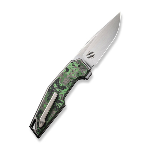 We Knife OAO (WE230013) 3.4" CPM-20CV Hand Rubbed Satin Clip Point Plain Blade, Gray / Black / Green Titanium Handle with Jungle Wear Fat Carbon Fiber Inlay