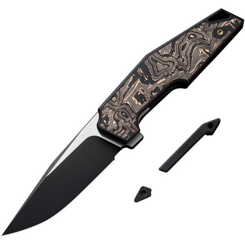 We Knife OAO (WE230012) 3.4" CPM-20CV Hand Blackwashed and Satin Clip Point Plain Blade, Black and Copper Titanium Handle with Copper Foil Carbon Fiber Inlay