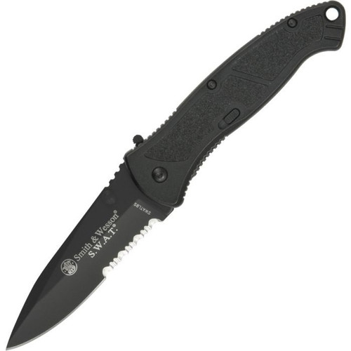 Smith & Wesson SWAT MAGIC (SWATLBS) 3.7" Stainless Steel Black Oxide Drop Point Partially Serrated Blade, Black Aluminum Handle
