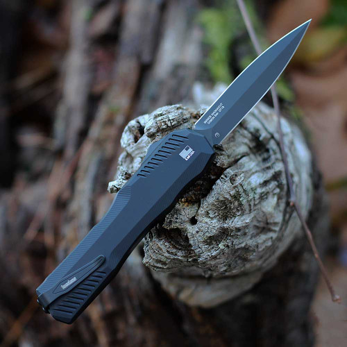 Kershaw Livewire Double Edge OTF (9000DE) 3.45" CPM-MagnaCut Black PVD Coated Dagger Plain Blade, Black 6061-T6 Aluminum Handle