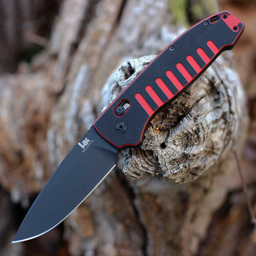 Hogue HK Ballista XL Automatic (54559) 3.75" Black Cerakote CPM-S30V Drop Point Plain Blade, ChromaCut Black and Red G-10 Handle