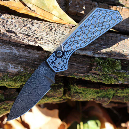 Pro-Tech Strider PT+ 2024 Custom (PT+2024.001) 3.0in  Chad Nichols Damascus Drop Point Plain Blade, 2 Tone DLC/Satin 17-4 Stainless Steel with Gridlock Pattern, Satin Hardware, Black Lip Pearl Button, Blue Titanium Clip