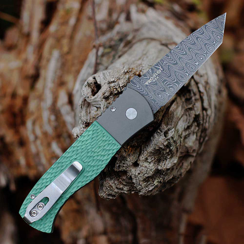 Pro-Tech Emerson CQC-7 Custom - Jigged Titanium Handle with Two-tone Blasted and Green Anodize, Pearl Button, Nichols Damascus Chisel Tanto Blade, Wide Deep Carry Clip