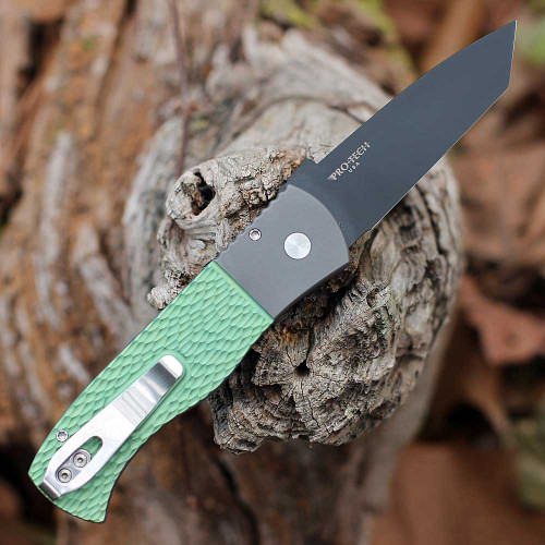 Pro-Tech Emerson CQC-7 Custom - Jigged Titanium Handle with Two-tone Blasted and Green Anodize, Pearl Button, 3.25" Two-tone (DLC Black/Satin) 154CM Chisel Tanto Blade, Wide Deep Cayy Clip