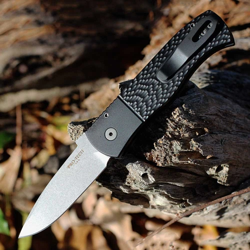 Pro-Tech Emerson CQC-7 Automatic LEFT HAND Version (PTE7A05-LH-20CV) 3.25" 20CV Stonewash Spear Point Plain Blade, Black Jigged Aluminum Textured Handle, Wide Deep Carry pocket Clip