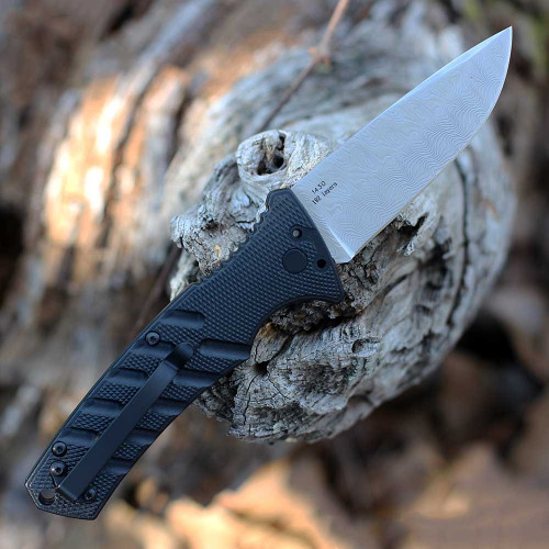Boker Plus Strike Auto (01BO507DAM) 3.23" Damascus Drop Point Plain Blade, Black Aluminum Handle with Push Button Open