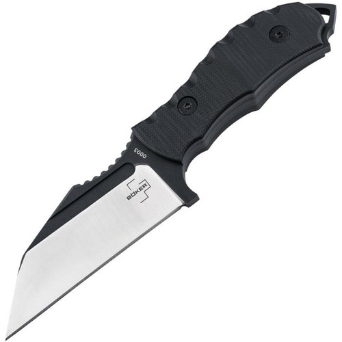 Boker Plus Andhrimnir Mini (02BO091) 3.35" D2 Satin and Blackwashed Two Tone Wharncliffe Plain Blade, Black G-10 Handle, Black Kydex Belt Sheath