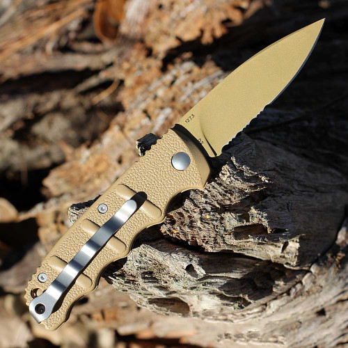 Boker Plus Kalashnikov 74 Non Auto (01KALS103N) 3.35" D2 Desert Brown Spear Point Partially Serrated Blade, Beige Aluminum Handle with Push Button Open